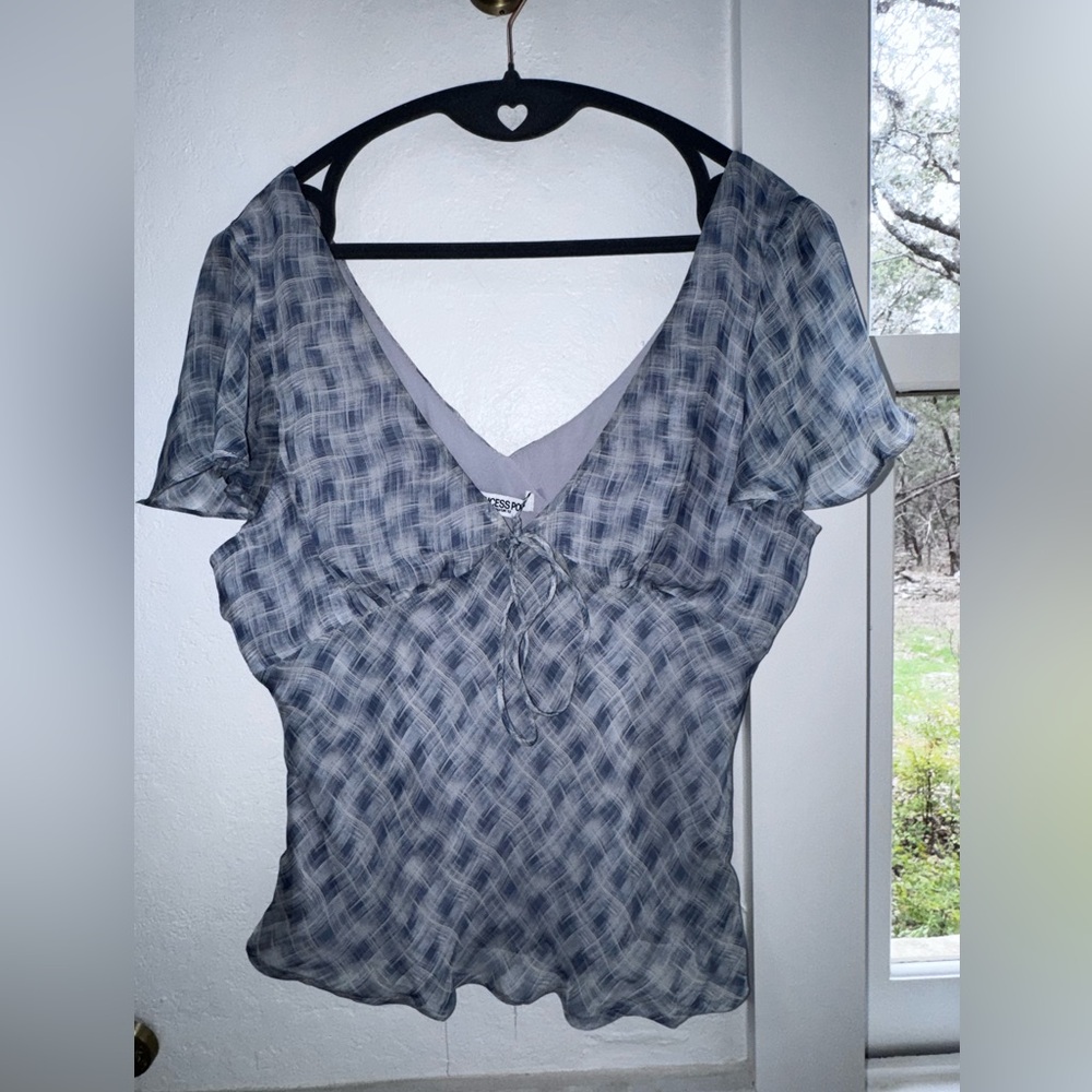 Princess Polly Blue Plaid Tie Front Blouse Flutter Sleeve Sheer Top Size S